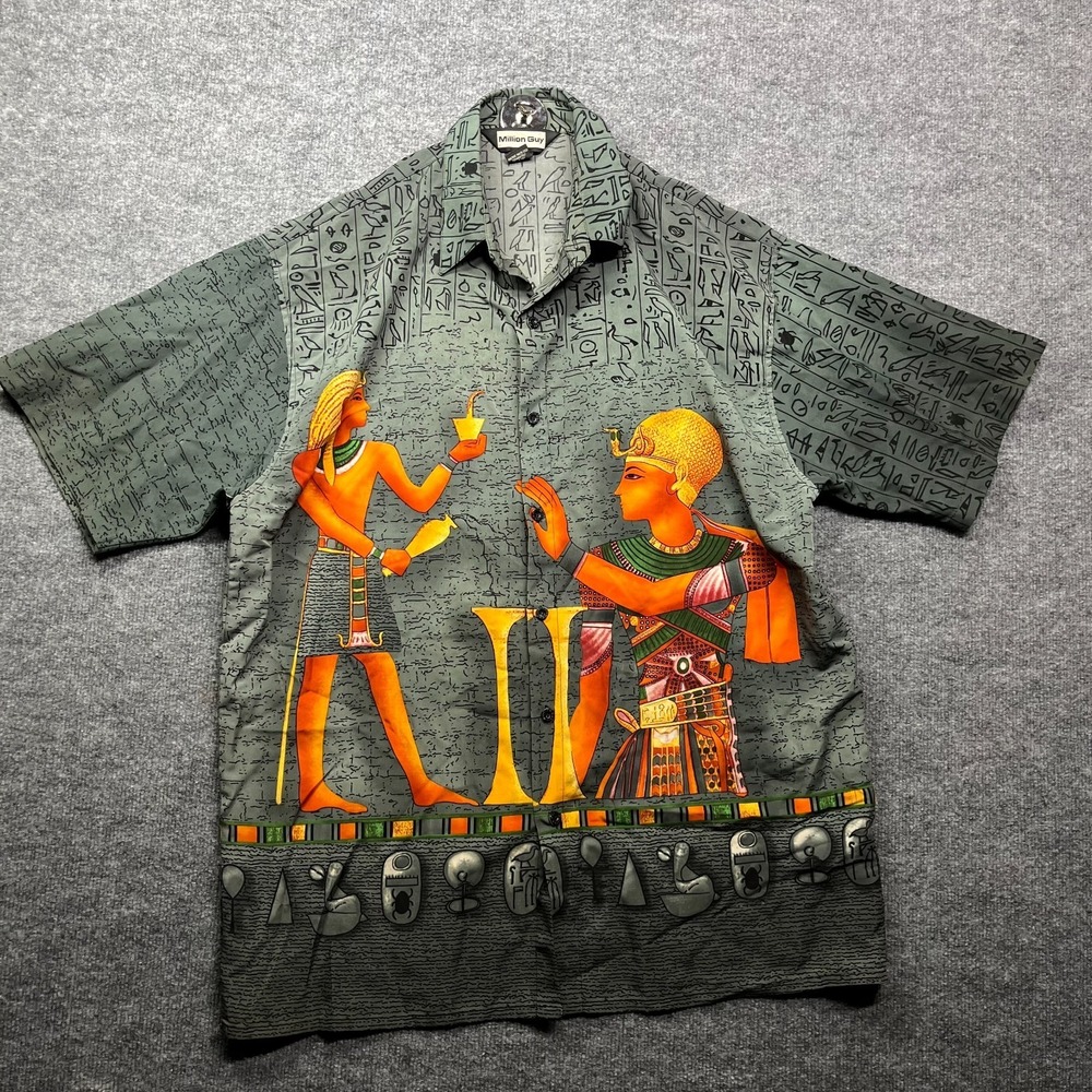 Million Guy Egyptian Print Shirt Men's XL Green Short Sleeve Classic Korean Made